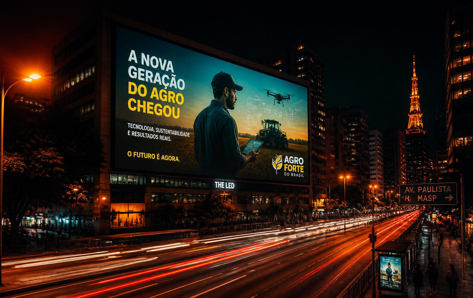 Painel de LED iluminando uma avenida movimentada à noite